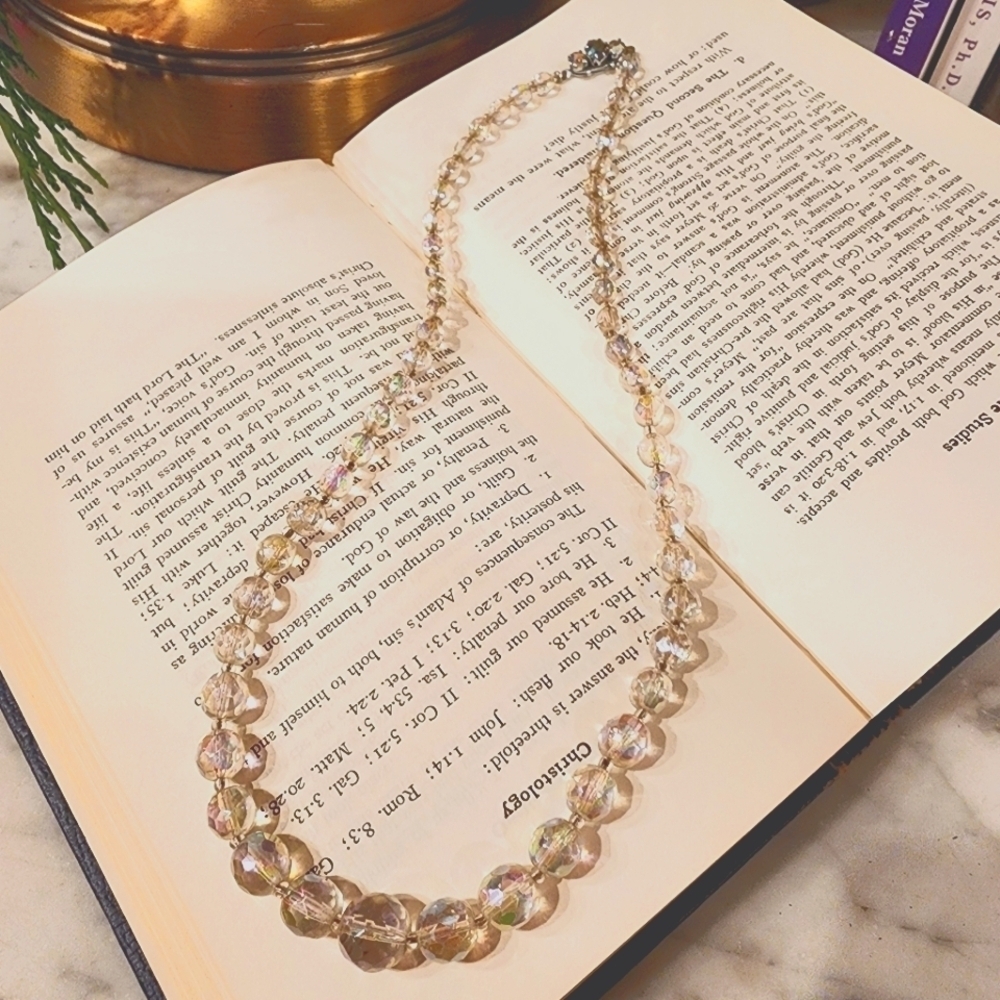 Vintage Fancy Aurora Borealis AB Crystal Bead Single Strand Necklace 20" Heavy